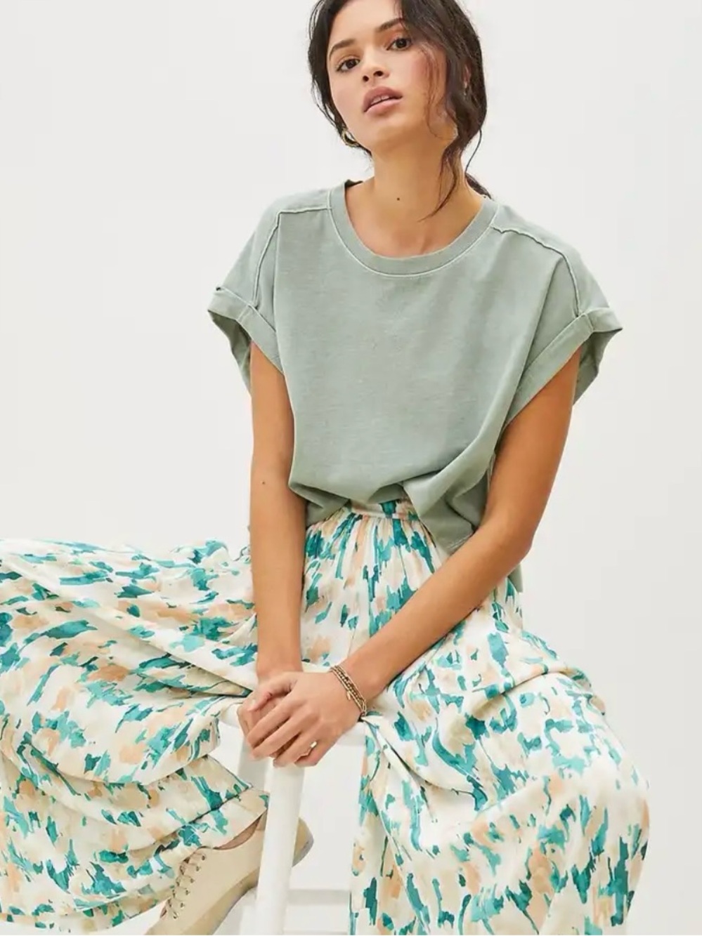 Maeve Teal and Cream Abstract Wide-Leg Pants